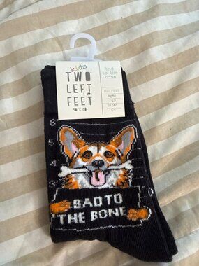 Kids Corgi Socks "Bad To The Bone" By Two Left Feet Ages 7-10 Size 1-5 Black Wit